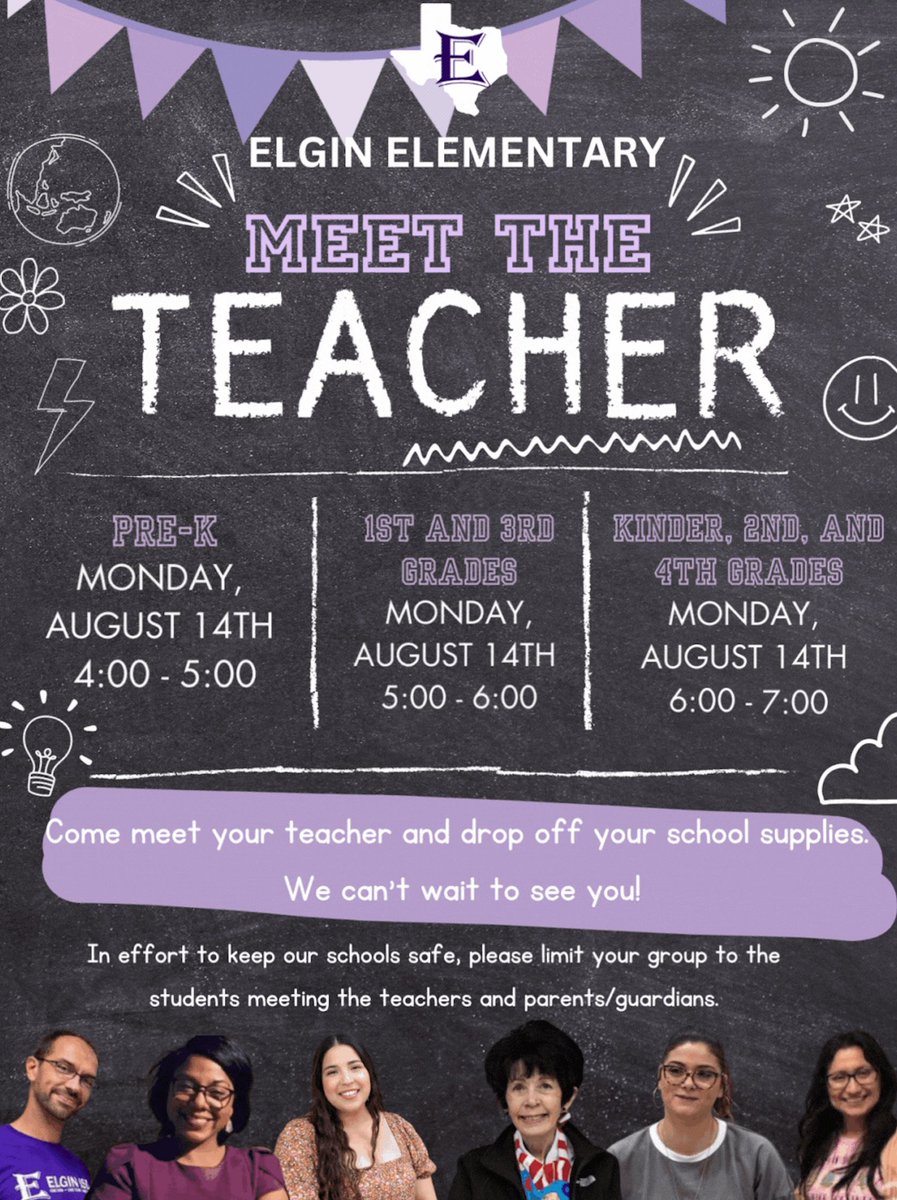 ELGINISD_EE's tweet photo. Save the Date! Our Meet the Teacher event for the upcoming school year will be on Monday, Aug. 14. Please review the information below and attend the event during your child's designated time. We look forward to seeing you! https://t.co/DAHPeNIkzI