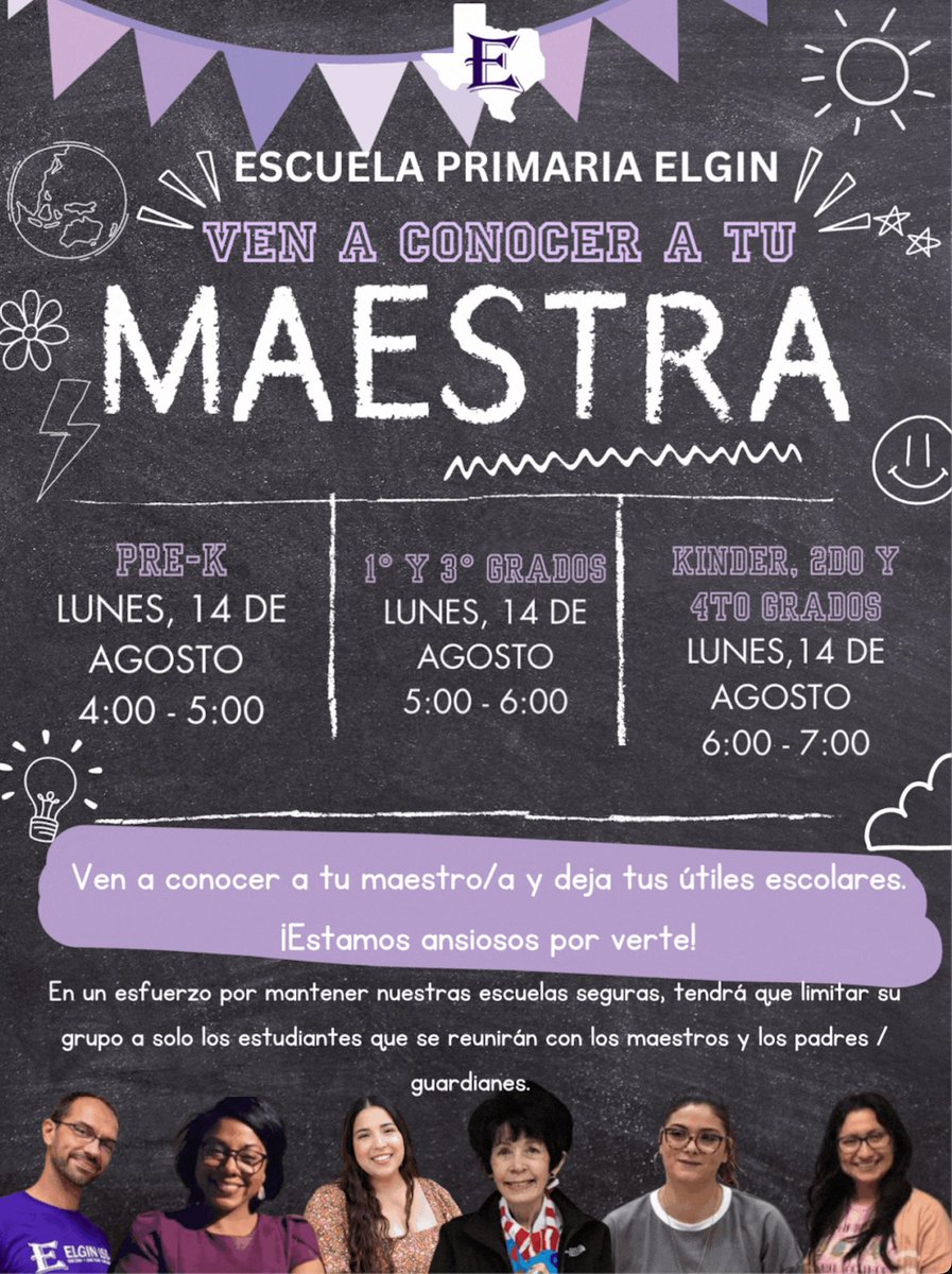Save the Date! Our Meet the Teacher event for the upcoming school year will be on Monday, Aug. 14. Please review the information below and attend the event during your child's designated time. We look forward to seeing you!