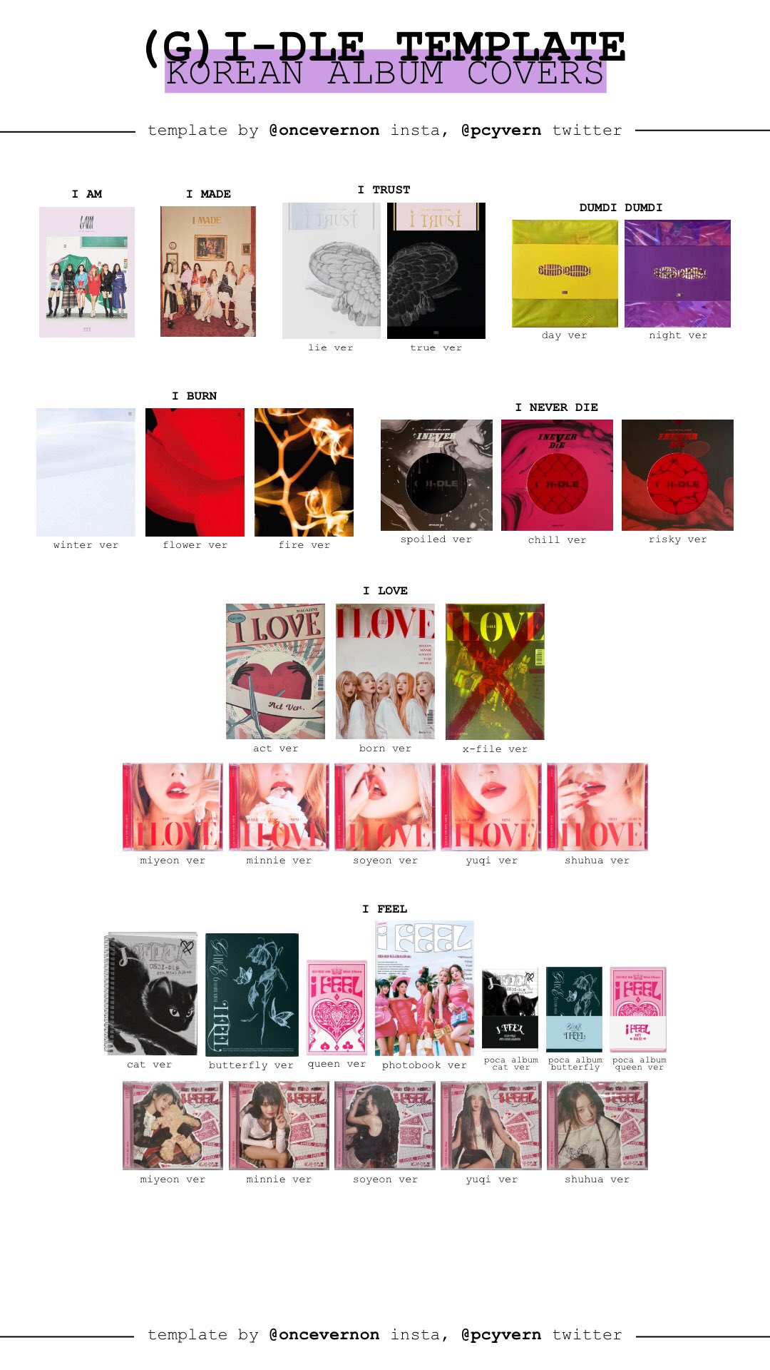 bella on X: FINALLY the gidle update!! individual member templates updated  with all i feel photocards, posters, and postcards added. and korean album  covers template updated with all versions of i feel!