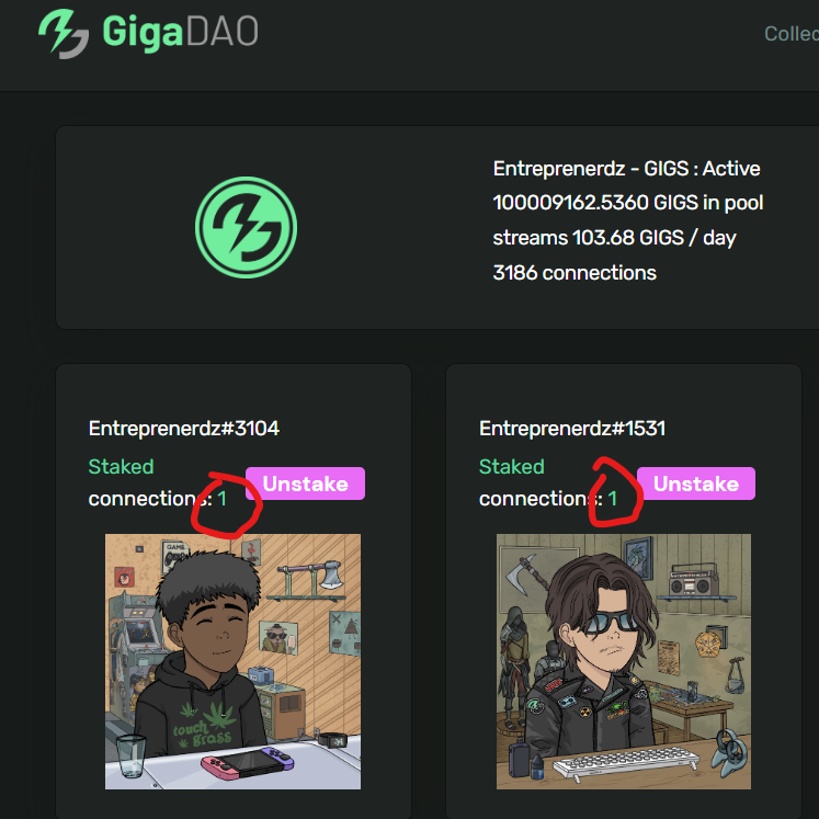 Staking has been out for @GigaDAOio holders and the earlier it is staked, the earlier it starts streaming $GIGS.

For the uninitiated, there's a need to click on 'connect' after staking. Hence, ensure that not only it display the status 'Staked' but also connection as '1'.