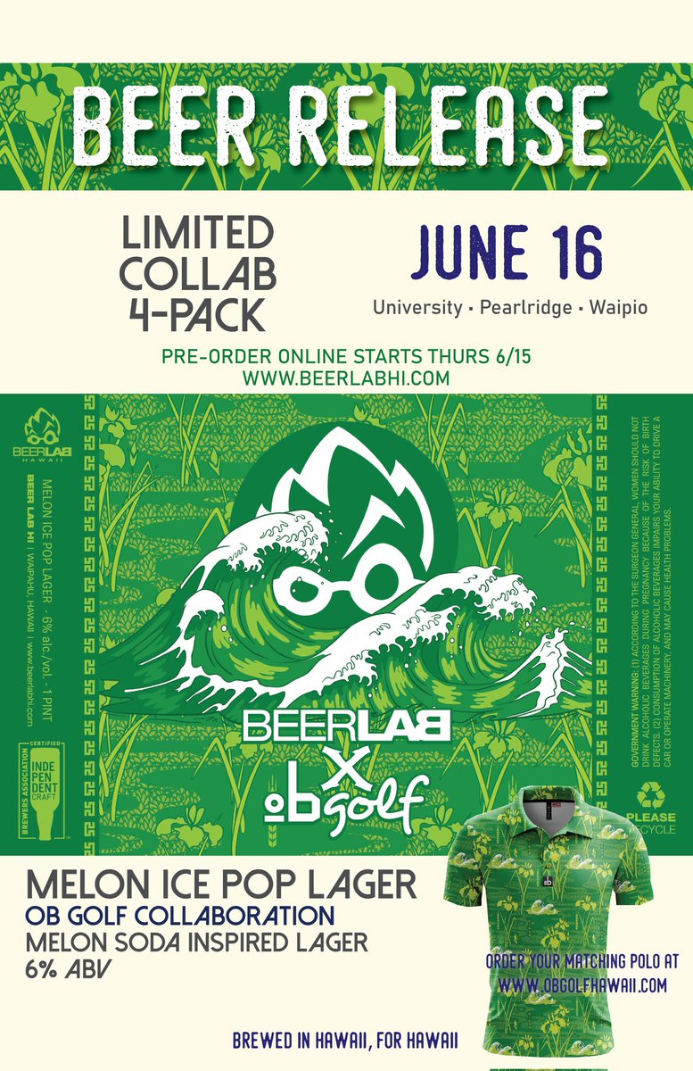 #collaBREWation
Beer Lab HI + OB GOLF
16oz 4pk + golf polo drops next week.
Stay tuned for more info!
#OBGolfHawaii
#LivePonoDrinkOno #BecauseBeerLab