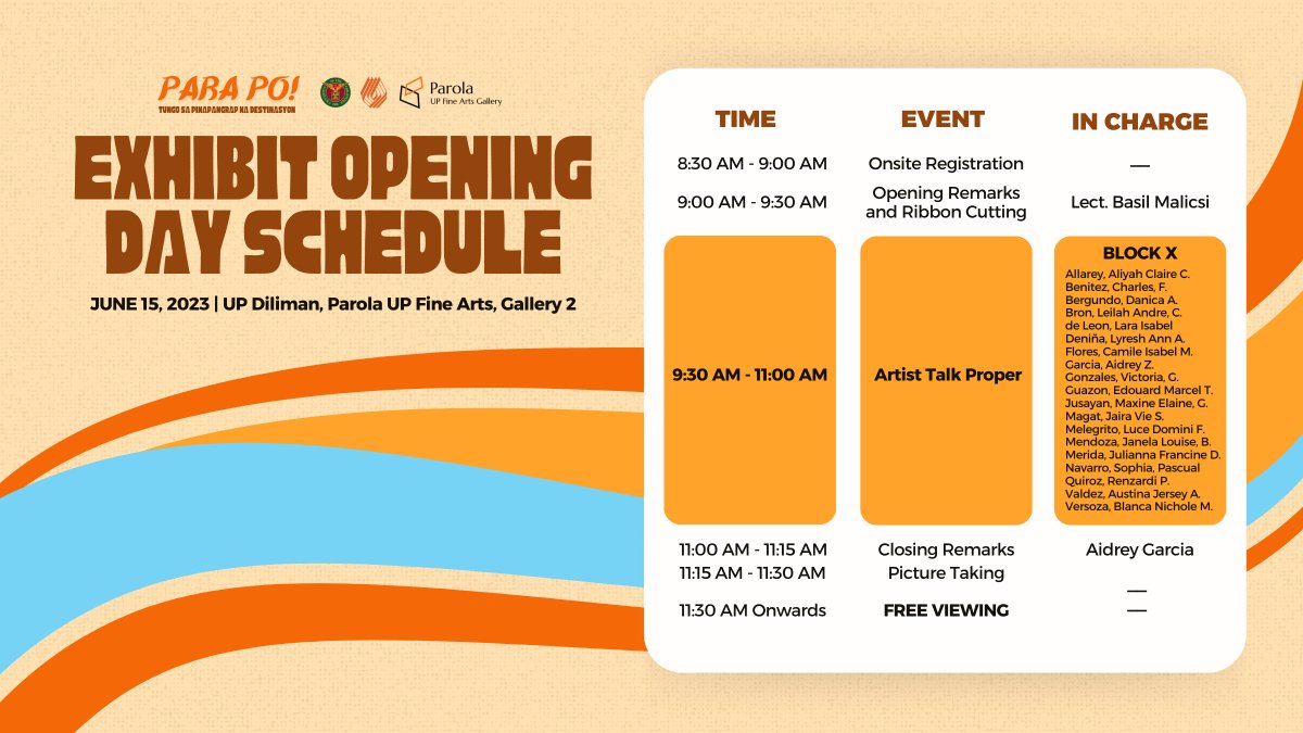 blockxhibit's tweet photo. Check out this schedule to see what we have in store for you in the morning of June 15--including the opening, insightful remarks and artist talks from our block's students, and free viewing. 

It will surely be an inspiring start to your day! 💫🧡 

#BlockXHibit
#ParaPo https://t.co/nxyqFzknPn