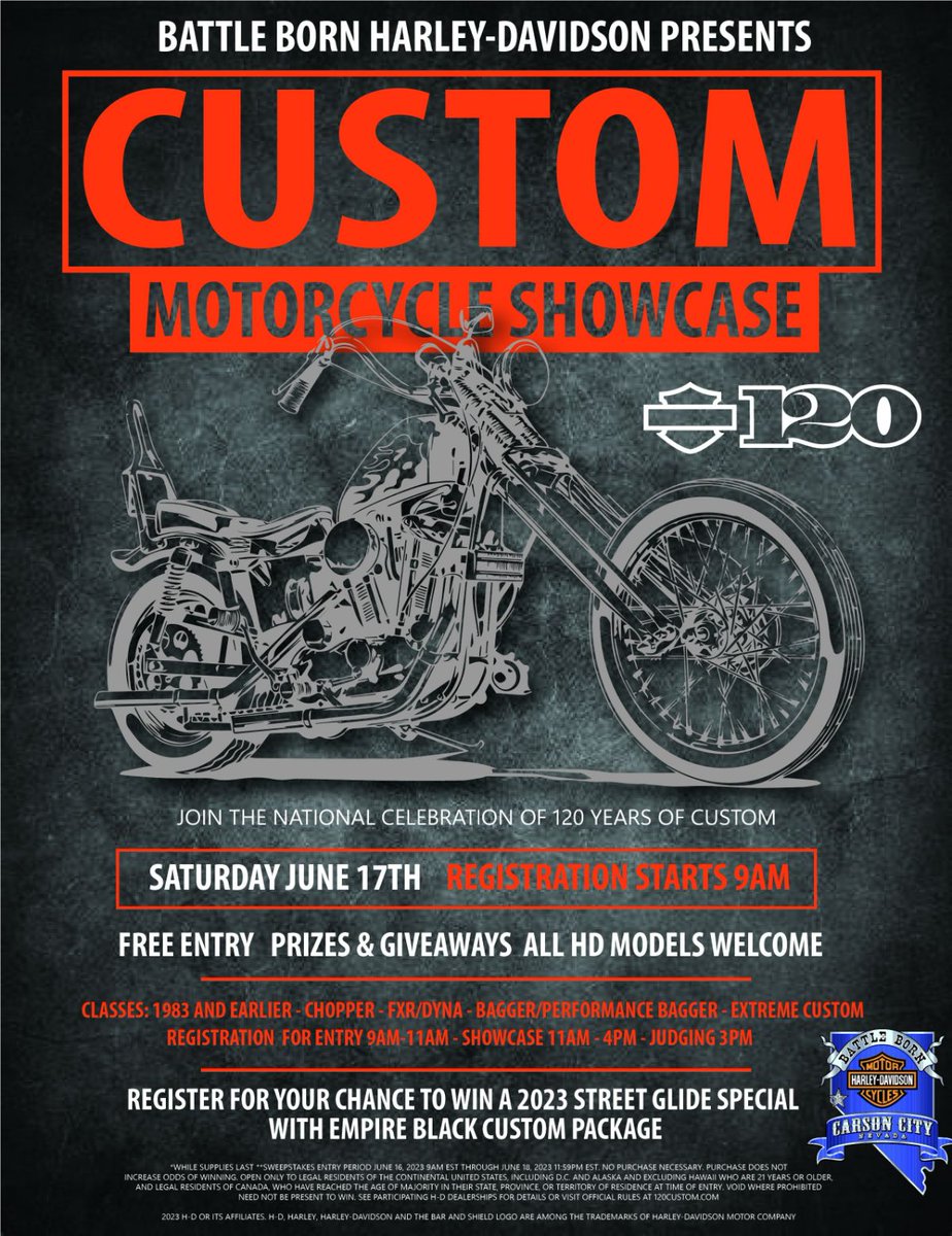 BattleBornHD's tweet photo. Join us for a Custom Bike Show on June 17th Come in today and sign up or sign up the day of the event.  #battlebornharley #harley #harleydavidson #battlebornharleydavidson #harleydavidsonmotorcycles #battlebornhd #bikeshow2023 #customharleys #customharley https://t.co/lt8JVShpkE