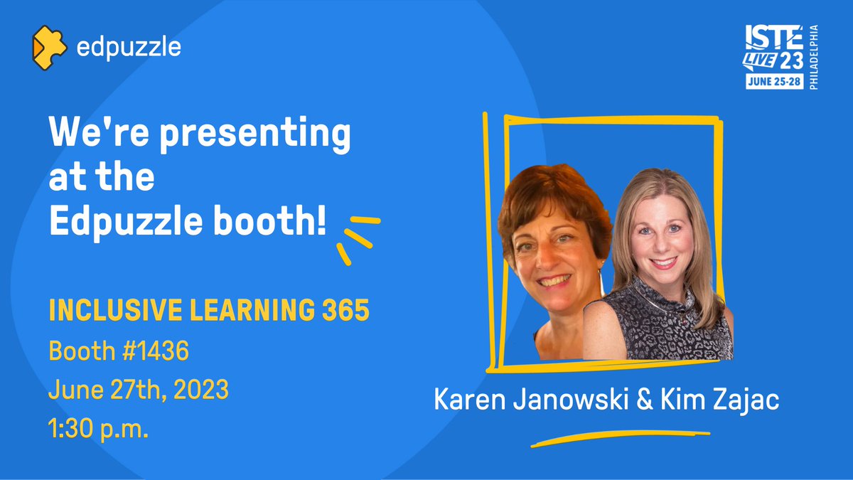 #ISTELive #ISTE23 is knocking on our doors!  @KarenJan & I are super excited to share on our favorite inclusive learning practices-especially those offered by @edpuzzle that make learning accessible to all! Please stop by booth #1436 on Tuesday June 27th @ 1:30! #ATChat #MassCUE