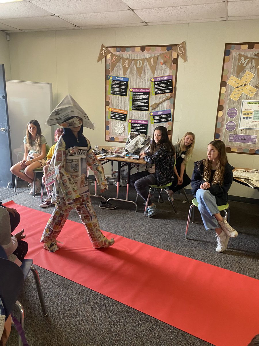 KelleeYoder's tweet photo. Our first day of 6th grade orientation today, “Shark Week” was a blast today! We had a newspaper fashion show in my room. Teamwork, creativity &amp; design from day 1! https://t.co/MSzFA1d5Wf