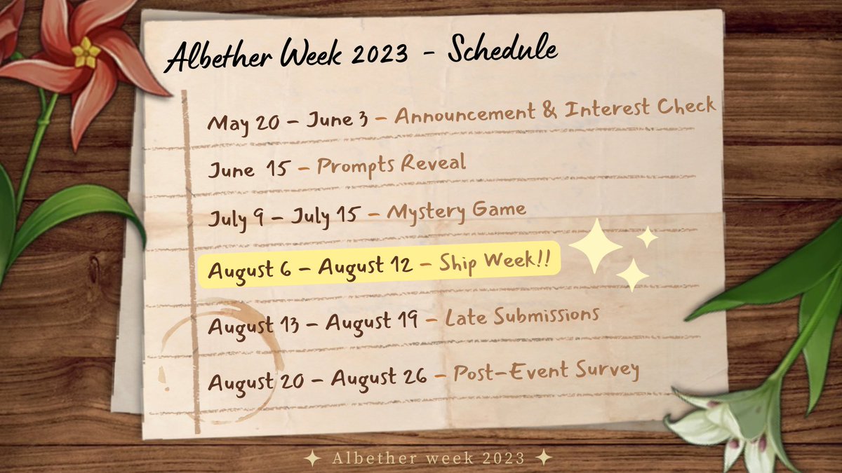 albetherweek's tweet image. Here's the schedule for the upcoming events!
Prompts will be revealed on the 15th! And we have some fun surprises in store during the lead-up to the ship week itself!
We hope you're excited...!! ✨
#AlbetherWeek2023 #albether #aebedo