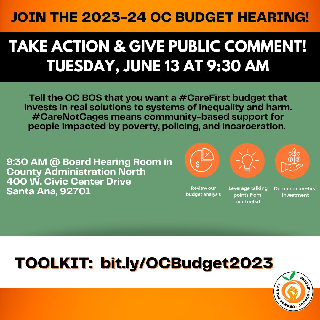 Should 54% of the funds OC Supervisors control go to policing & jails? On 6/13, the OC BOS will hold its first budget hearing for the current fiscal year. Email comments or join us in person to share your budget priorities! @peoplesbudgetoc bit.ly/OCBudget2023