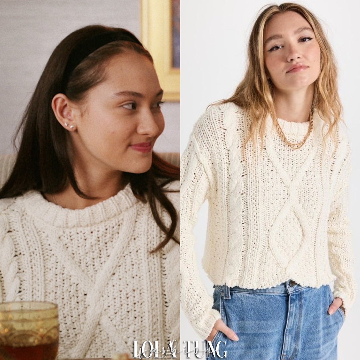 Lola Tung as Belly Conklin wears the #FreePeople ‘Cutting Edge Cable Pullover’ ($148) in #TheSummerITurnedPretty Season 2.