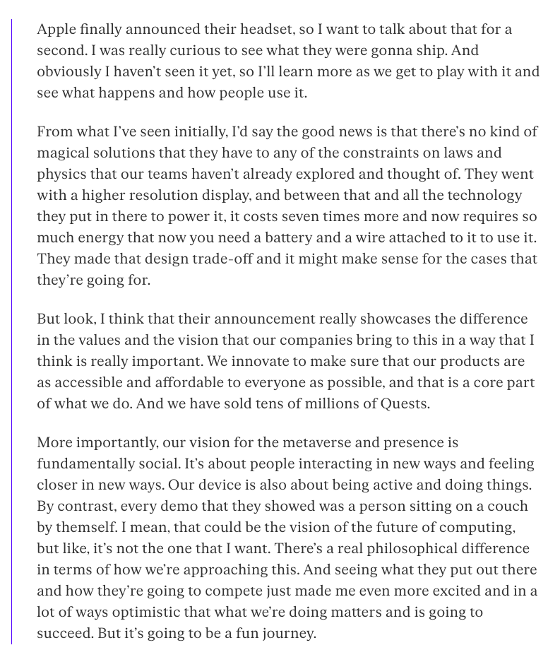 petergyang's tweet photo. Zuck's remarks on Apple Vision Pro: https://t.co/WeiQPqIpCp