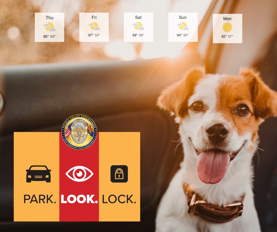 PeoriaPoliceAZ's tweet photo. As the weather starts to heat up, Peoria Police AZ would like to remind you to check your backseat for any pets before leaving your vehicle! #PeoriaPDAZ #peoriaaz #peoriapoliceaz #parklooklock https://t.co/5BvIOkdx4H