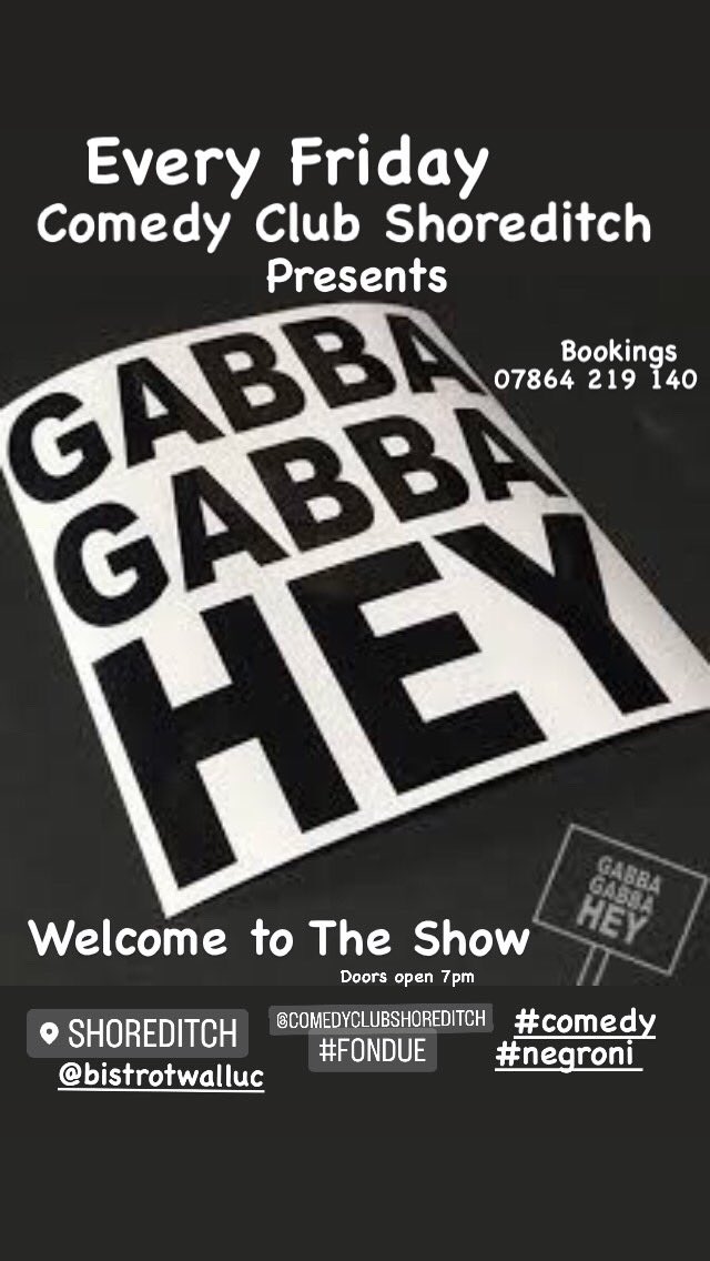 See you all this weekend! Friday 9 June Comedy Show ‘Gabba Gabba Hey ‘.drinks , or dinner with bookings in advance. See bookings policy in bio link and text 07864 219 140 to book #londonrestaurants #shoreditch #londonnightlife #londonbars #livemusiclondon