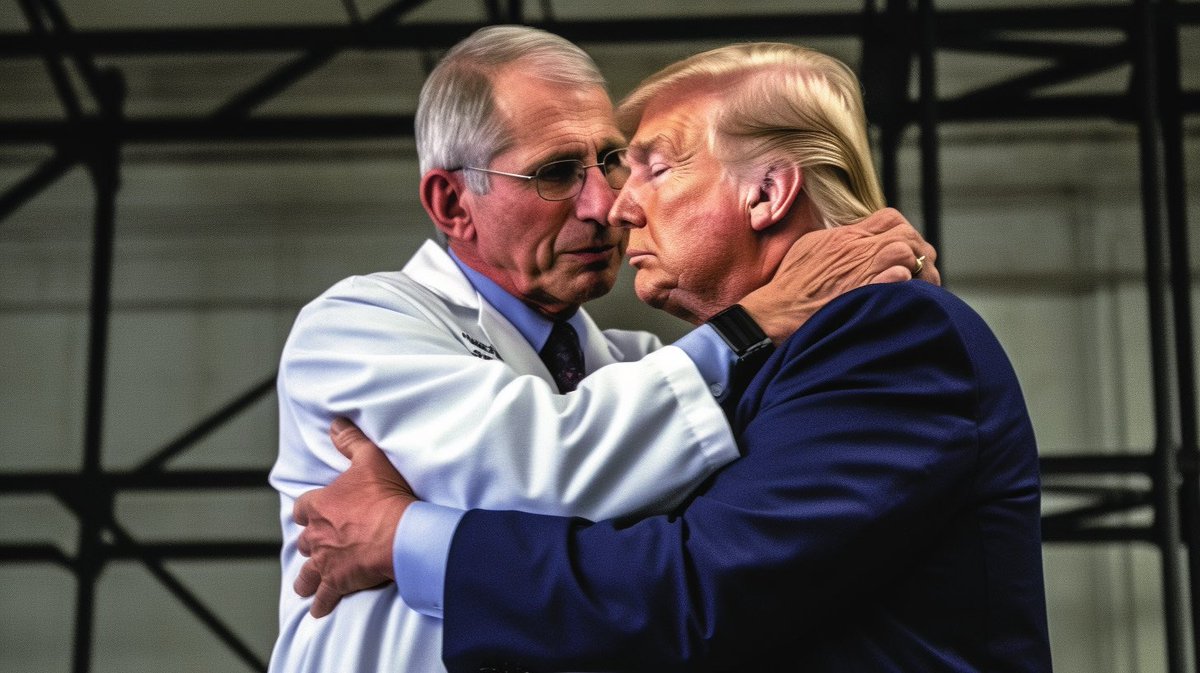Guys, please do not retweet these images of Trump and Dr. Fauci lovingly embracing each other! These images are (probably) AI Generated. 

Trump did NOT give Fauci a hug. 🙅

He just gave him our liberty during the pandemic and a Presidential Commendation before leaving office.