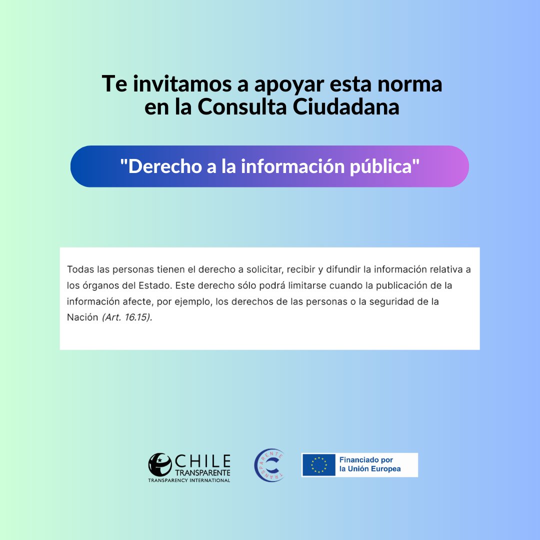 Ch_Transparente's tweet photo. #CTransparente 📖: Para promover la transparencia e integridad pública es clave garantizar el derecho a la información pública. Por eso, te invitamos a participar de la consulta ciudadana apoyando esta norma en 👉 https://t.co/h29CWMsbkW https://t.co/n5oyI3figL