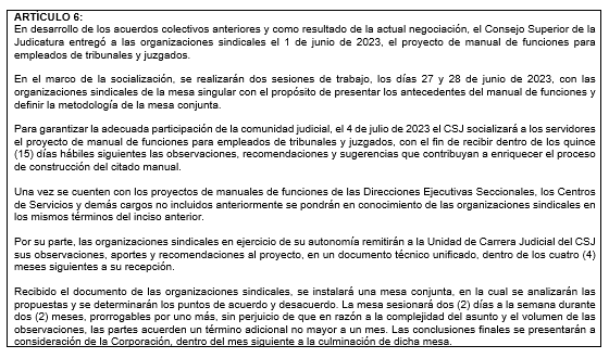 ⚖️Luego de varias contrapropuestas entre la #BancadaSindical y <a href="/judicaturacsj/">Rama Judicial</a>, se logró acordar el art. 6 del pliego unificado, garantizando la participación de todos los Servidores Judiciales en la elaboración y aprobación de los Manuales de Funciones✊

Atentos al cronograma 👀