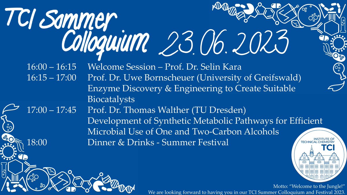 TCI team is looking forward to hosting our alumni on the 23rd of June with a great opening from our invited speakers Uwe Bornscheuer and Thomas Walther!