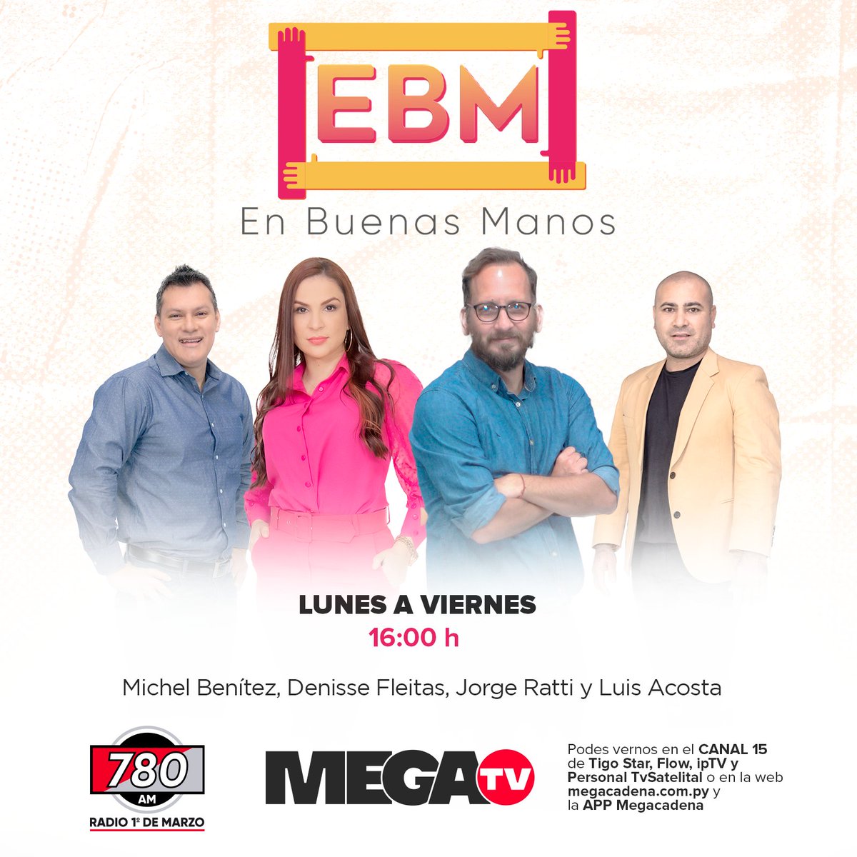 🔴 𝗘𝗦𝗧𝗔𝗠𝗢𝗦 𝗘𝗡 𝗩𝗜𝗩𝗢 | Nos encontramos #EnBuenasManos 

➡️ Al aire hasta las 18:00 

🎙️ Conducen: @Jorgeratti @nicheduarte @lacostasoy y  @37michelbenitez

📷Escucha o descargá la #AppMegacadena📷 #780AM #MegaTv