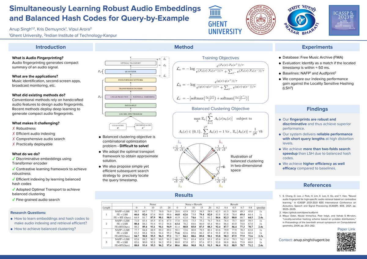 Join us today to explore cutting-edge audio fingerprinting alternatives! Discover the power of our self-supervised learning framework, optimal transport, and balanced clustering for fast and accurate audio indexing! 
Session: 09 June, 08:15 AM, Poster Area 2 - Garden #ICASSP2023