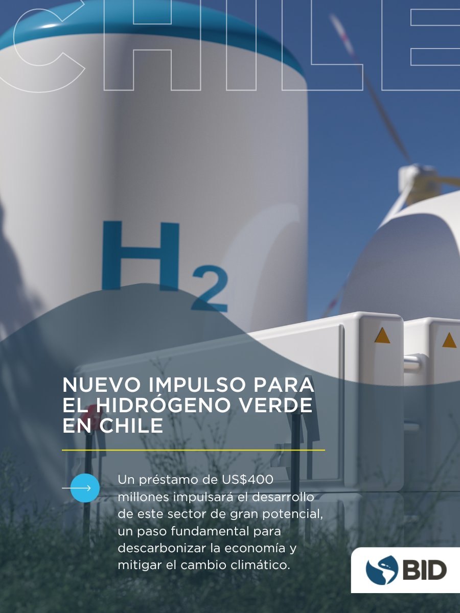 el_BID's tweet photo. Aprobamos un préstamo de US$400 millones para impulsar la industria del #HidrógenoVerde en #Chile 🇨🇱. Esta inversión busca impulsar el crecimiento económico, contribuir a descarbonizar la economía y crear nuevas oportunidades productivas para el país. 🌱  https://t.co/UhNzXMZ6RU https://t.co/vEmD8eTzRU