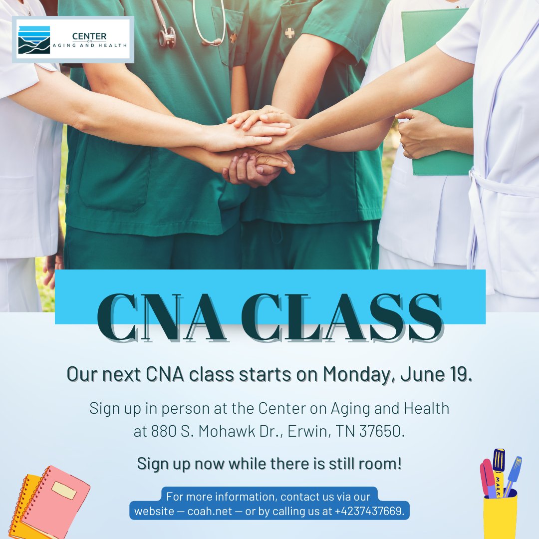 aging_center's tweet image. Are you looking to become a CNA? Our next CNA class starts on Monday, June 19! Get ahead of the competition and sign up in person. Don't miss this opportunity to jump-start your career! 

#CNA #CNAClass