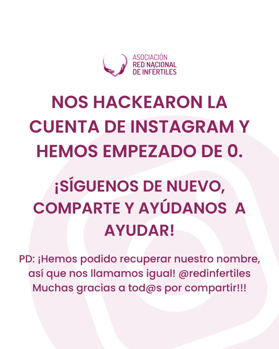 Síguenos en nuestra nueva cuenta de IG <a href="/redinfertiles/">Red Infertiles</a>👉instagram.com/redinfertiles/

Hemos conseguido recuperar el nombre pero no el contenido ni los seguidores. Síguenos, comparte y ayúdanos a que nuestra voz llegue muy lejos. 

¡Ayúdanos a ayudar!

#infertilpandy #infertilidad