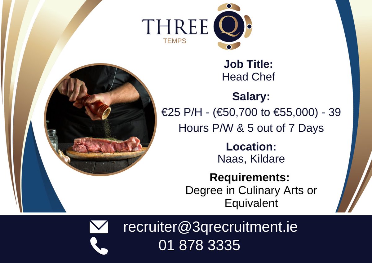 3QRecruitment's tweet image. We at @ThreeQ seek a highly skilled and experienced Chef to join our team for our clients; the successful candidate should also have excellent leadership, time management, and organizational skills. If interested, please apply below or call our office! #ChefJob #HiringNow