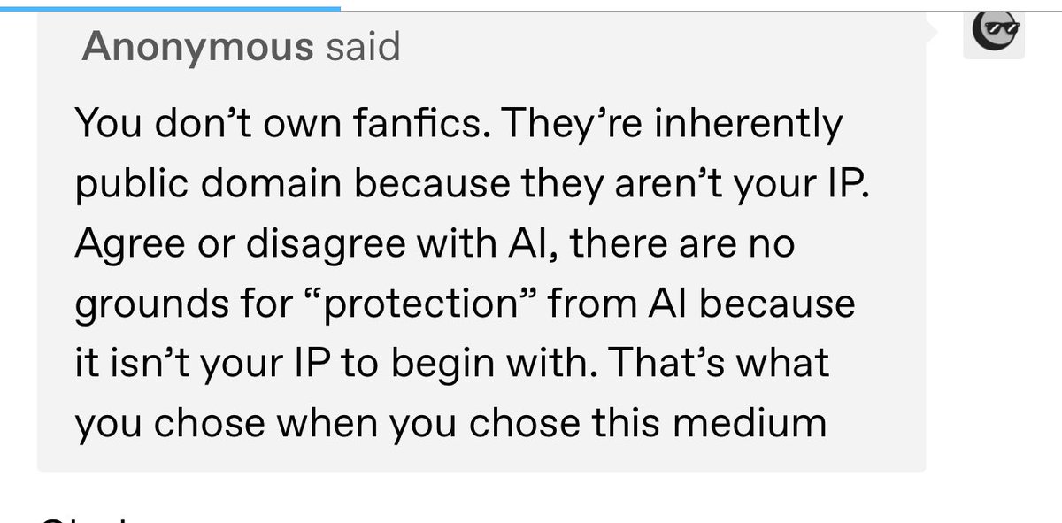 If this is the response to fanfic writers asking no one feed their fics into an AI generator, I am seriously considering never writing fanfic again.