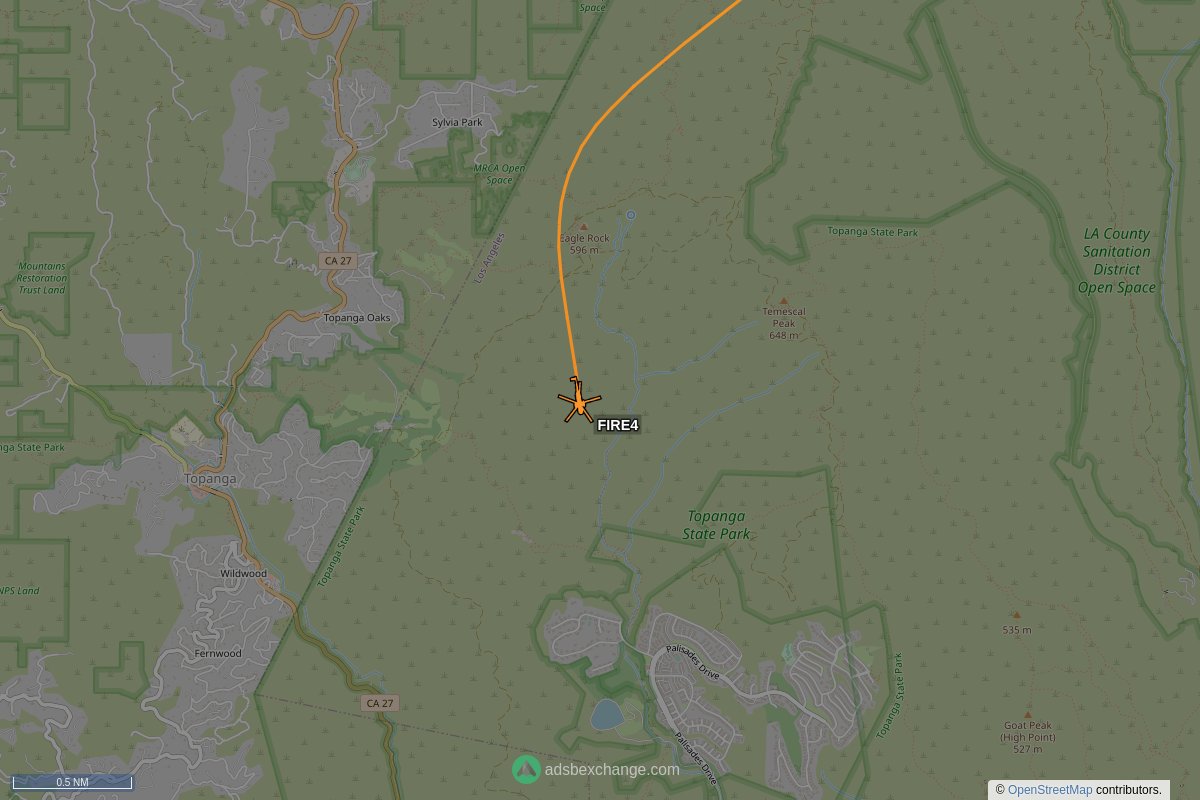 ffoverhead's tweet image. LAFD aircraft #N304FD callsign #FIRE4 (a A139) was spotted near Pacific Palisades, Los Angeles, CA around 20:08 UTC squawking 1200 globe.adsbexchange.com/?icao=a32eaf&amp;amp;z… #LAFD #LAFire