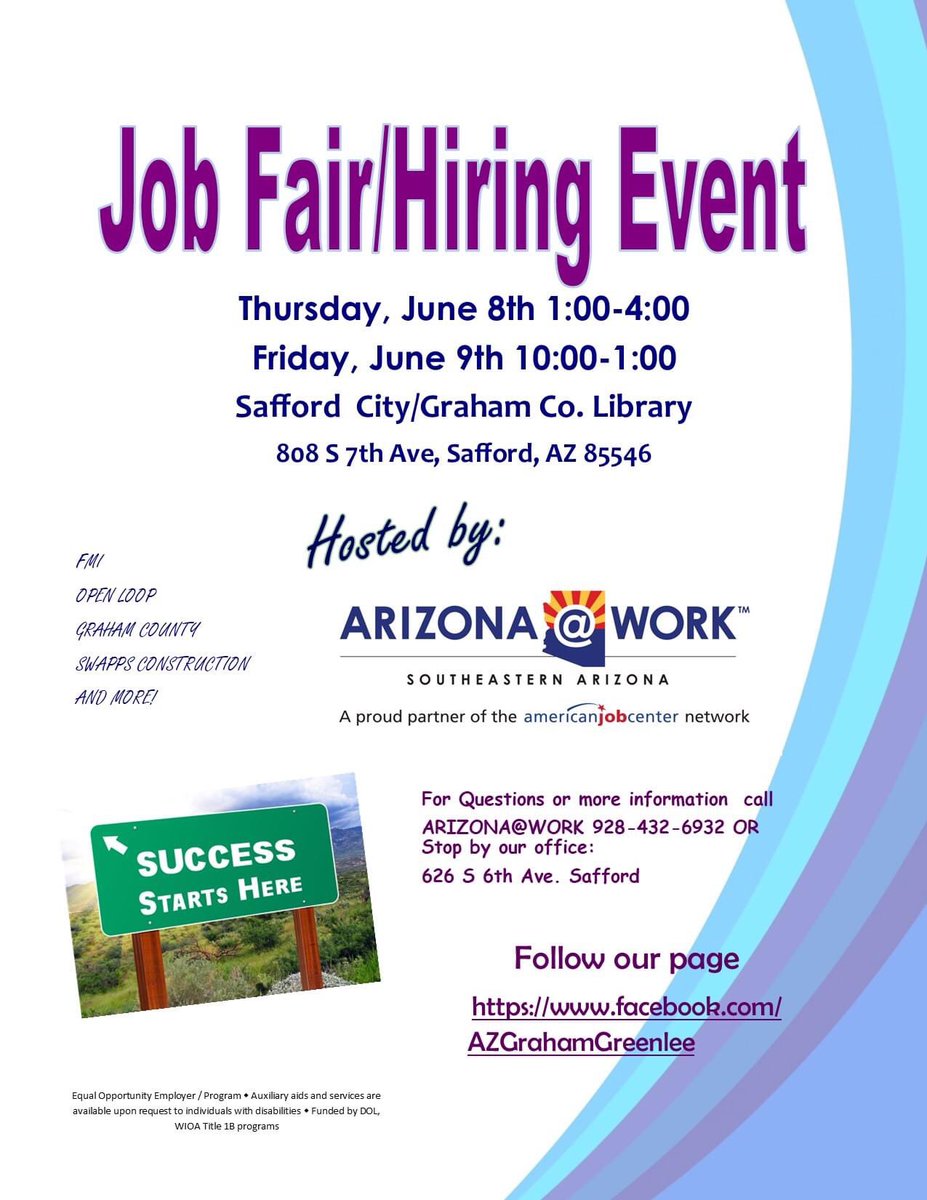 our_pantry's tweet image. Come out and visit us at the 👩‍🌾 Job Fair/Hiring Event at the Safford City-Graham County Library from 1pm-4pm today and 10am-1pm on Friday. We have paid positions and volunteer positions available. Join us 😁 #onfp #grahamcounty #gilavalley #safford #nowhiring