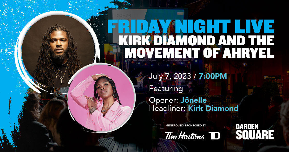 JUNO Award-winning singer, songwriter @kirkdiamond & @TheAhryel featuring @_iamjonelle are spreading messages of unity, inclusion and love in Garden Square on July 7! Hosted by @vibe105to's @MCNadzzz this free concert is a celebration of Reggae Music and Afro-Caribbean culture.