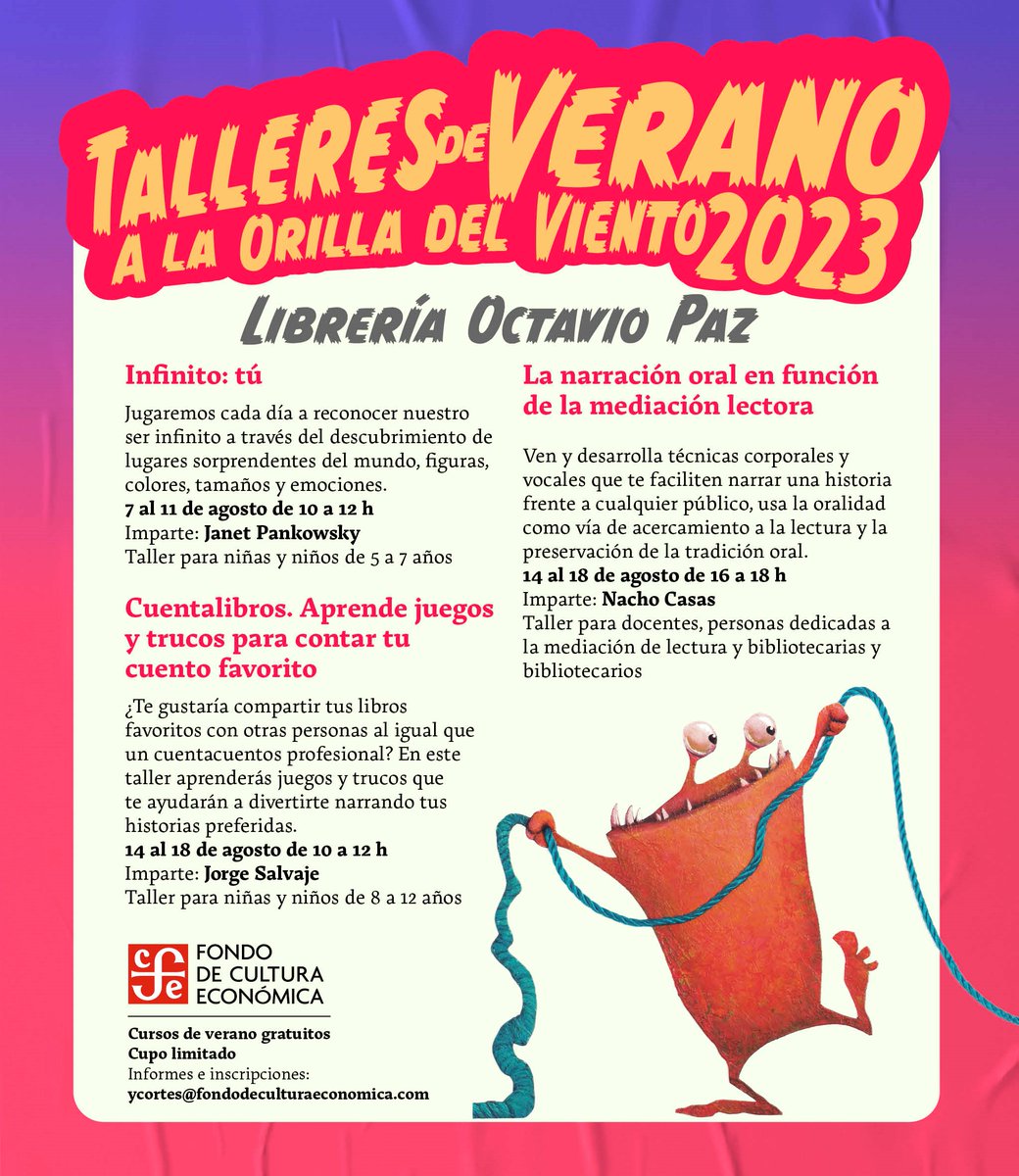 ObrasInfyJuvFCE's tweet image. ¡Te esperamos en nuestros talleres de verano! 

#TalleresdeVerano  
#LibreríaRosarioCastellanos 
#LibreríaOctavioPaz 
#FondoDeCulturaEconómica 
#Librerías