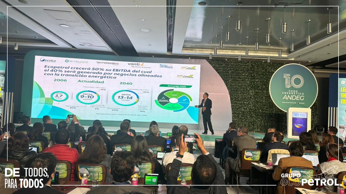 ECOPETROL_SA's tweet photo. En el 10° #ForoEnergético de @Andeg_Col, compartimos nuestra visión de futuro⚡️. Ricardo Roa, presidente de Ecopetrol, resaltó la importancia de las soluciones de bajas emisiones "Tenemos una meta de producir 1 millón de toneladas de hidrógeno al año en 2040"💚 https://t.co/uXeIYLJcio