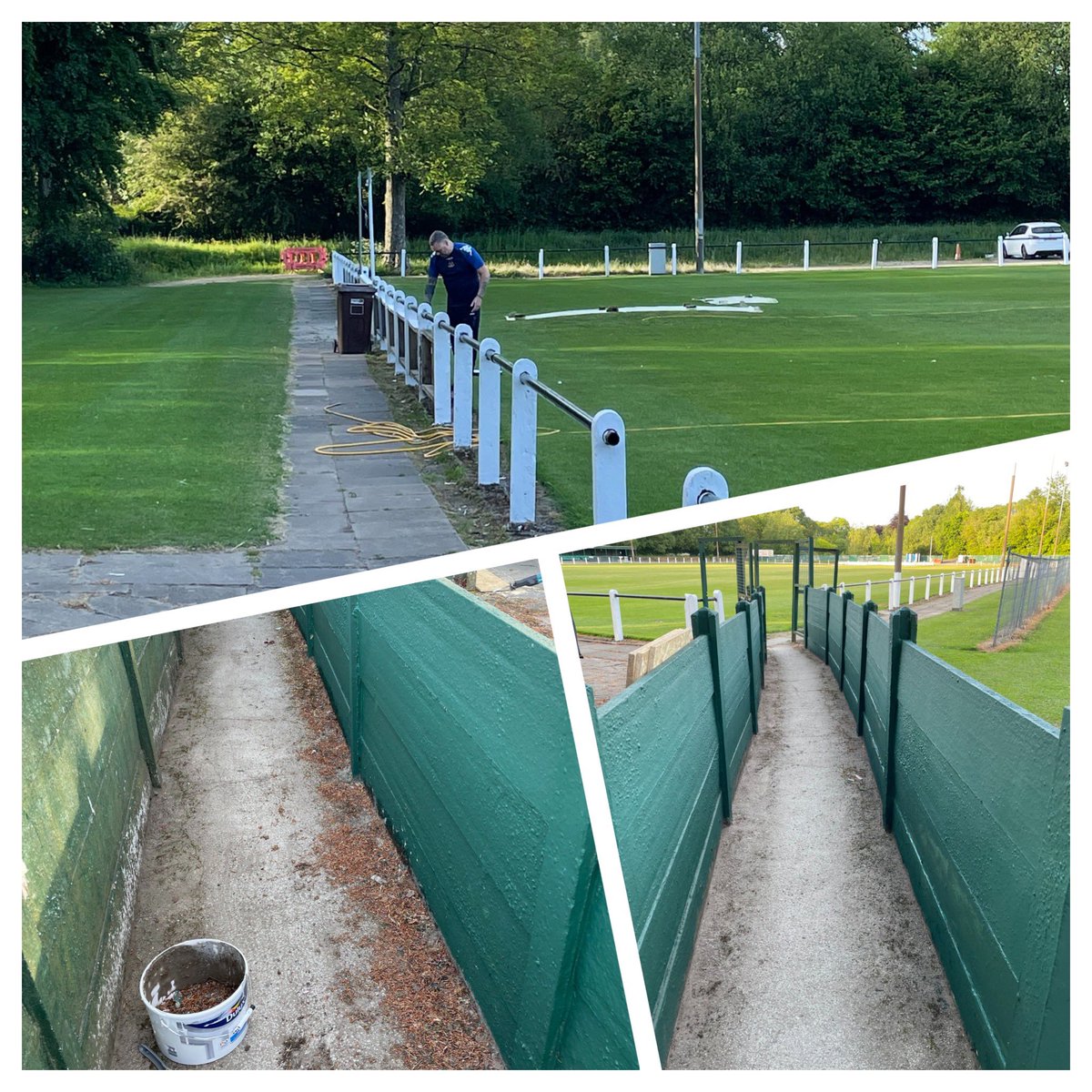 Nelsonfc1's tweet photo. A few of the lads were back down at the ground this evening giving Little Wembley a facelift, Nice image of our assistant manager getting his hands dirty too @neo2daz and fresh walkway to the pitch 📸 https://t.co/CTQGu8qPNQ