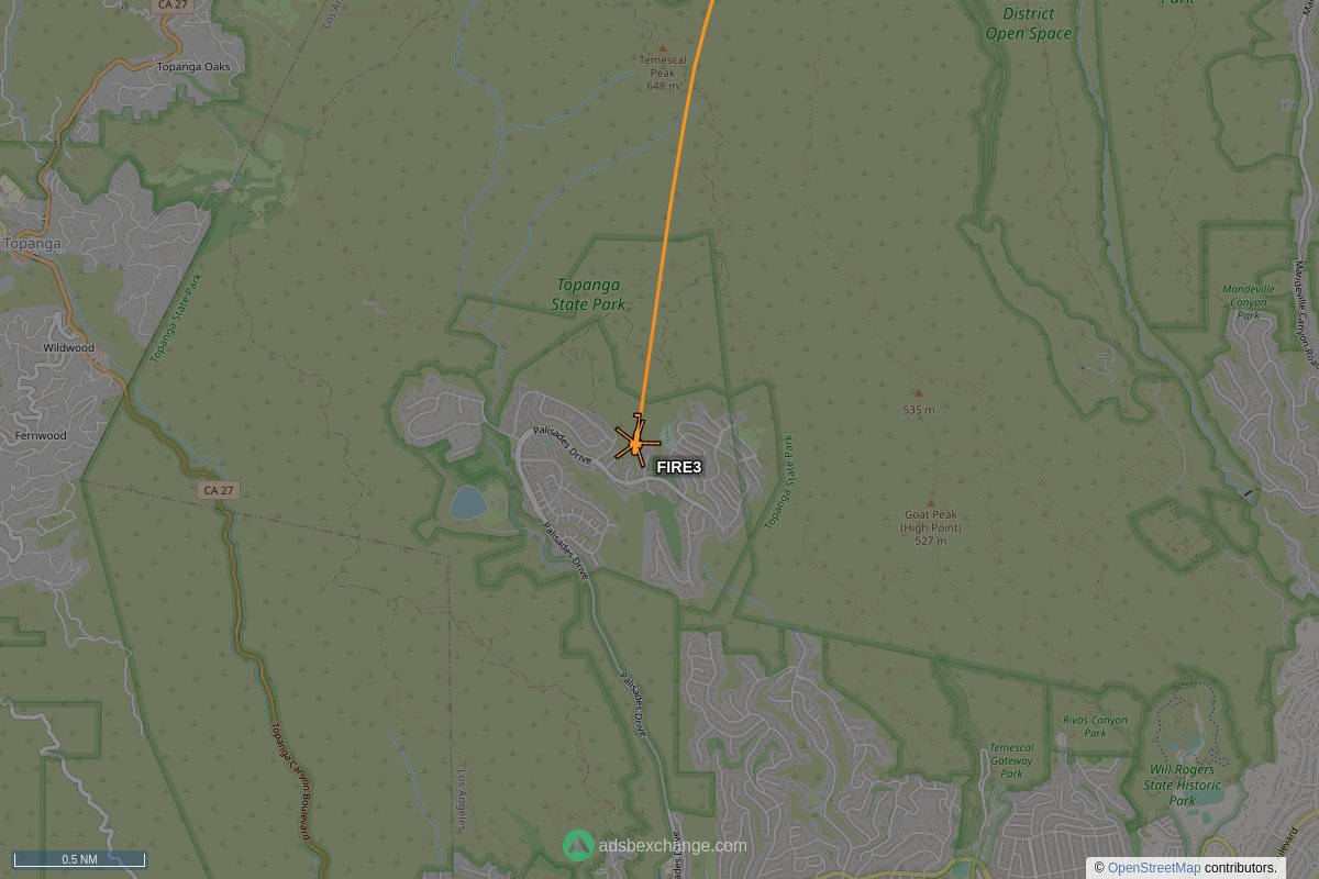 ffoverhead's tweet image. LAFD aircraft #N303FD callsign #FIRE3 (A139) was spotted near Pacific Palisades, Los Angeles, CA at approx 20:07 UTC squawking 1200 globe.adsbexchange.com/?icao=a32af8&amp;amp;z… #LAFD #LAFire