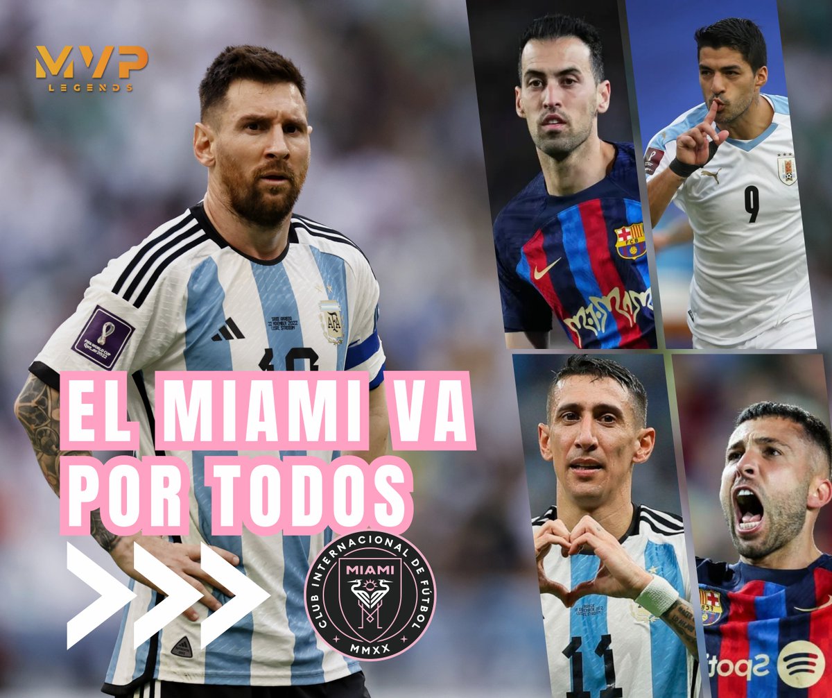MVPLegendsMX's tweet photo. El Inter de Miami estaría buscando socios para Leo Messi, y tendría en la mira a sus ex compañeros con quienes el argentino posee una conexión especial : Sergio Busquets, Luis Suárez,  Ángel Di María y Jordi Alba.

#mvplegendsmx #messi #sergiobusquets #luissuarez #dimaria https://t.co/O8jtzuFmji