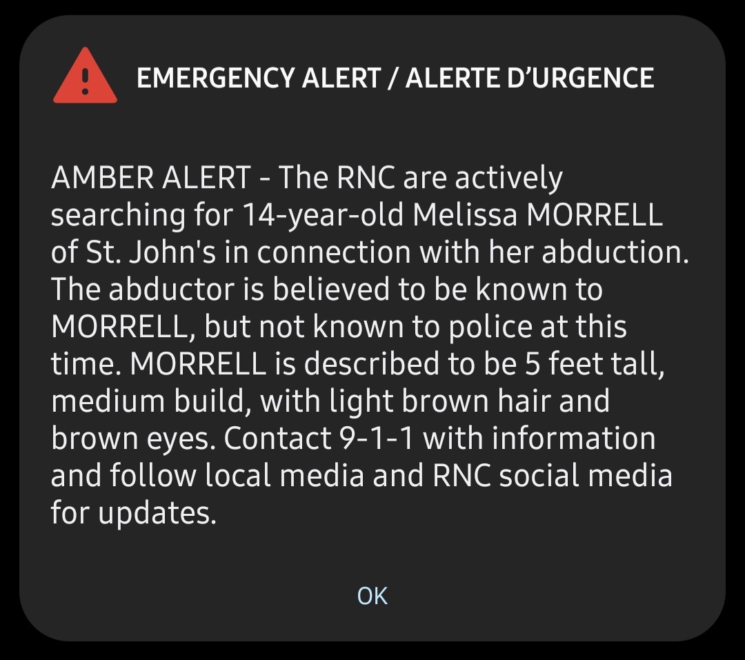 To my knowledge, this may be the first time the emergency alert system has been used in NL to issue an Amber Alert. This in relation to 14 year old Melissa Morell.

#nltraffic <a href="/NTVNewsNL/">NTV News</a> @OfficialOZFM