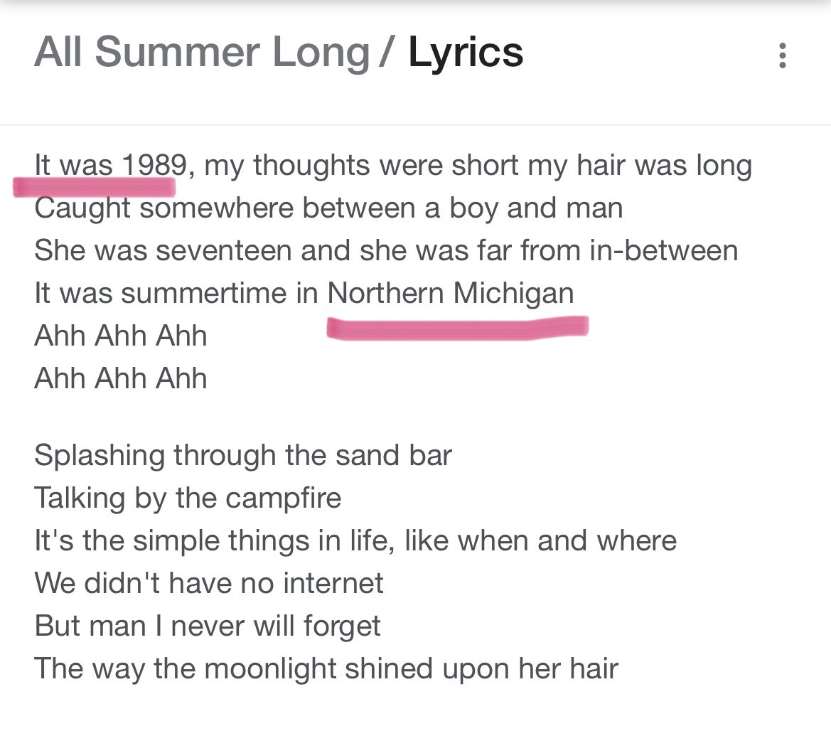 kcolorado33's tweet photo. The other 13 is over “Northern Michigan.” It’s summertime. The first is over Nashville, where she announced Speak Now TV. Lyrics that have Northern Michigan? All summer long. Look at the first lyric. 🤡 #1989TaylorsVersion #DetroitTSTheErasTour https://t.co/umzwWNvFCT