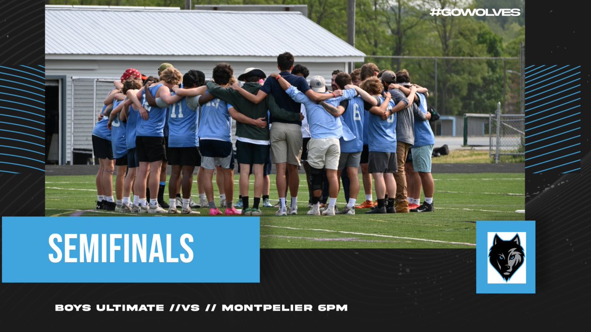 The 2023 VPA Spring Tournament continues today. Boys Ultimate Semifinals: Wolves vs Montpelier at 6pm 

LET'S GO WOLVES!