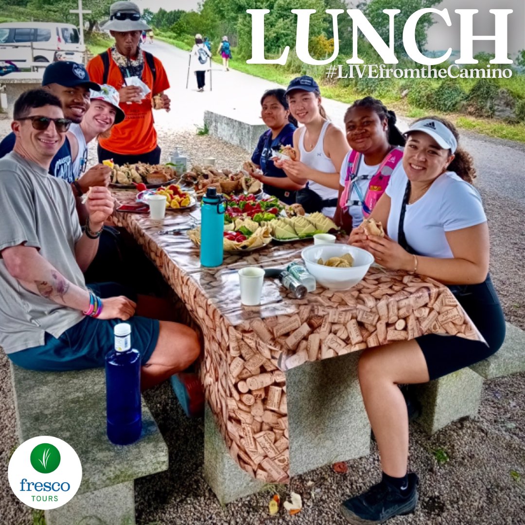 fresco_tours's tweet photo. Buen Camino & Buen Lunch on the #CaminodeSantiago! Today we continued our Camino from Portomarín to Palas de Rei (25 kms).
#FrescoTours #UConn @UConnGlobal #Spain #uconnhuskies #experientialgloballearning https://t.co/1b2DT1tMyF
