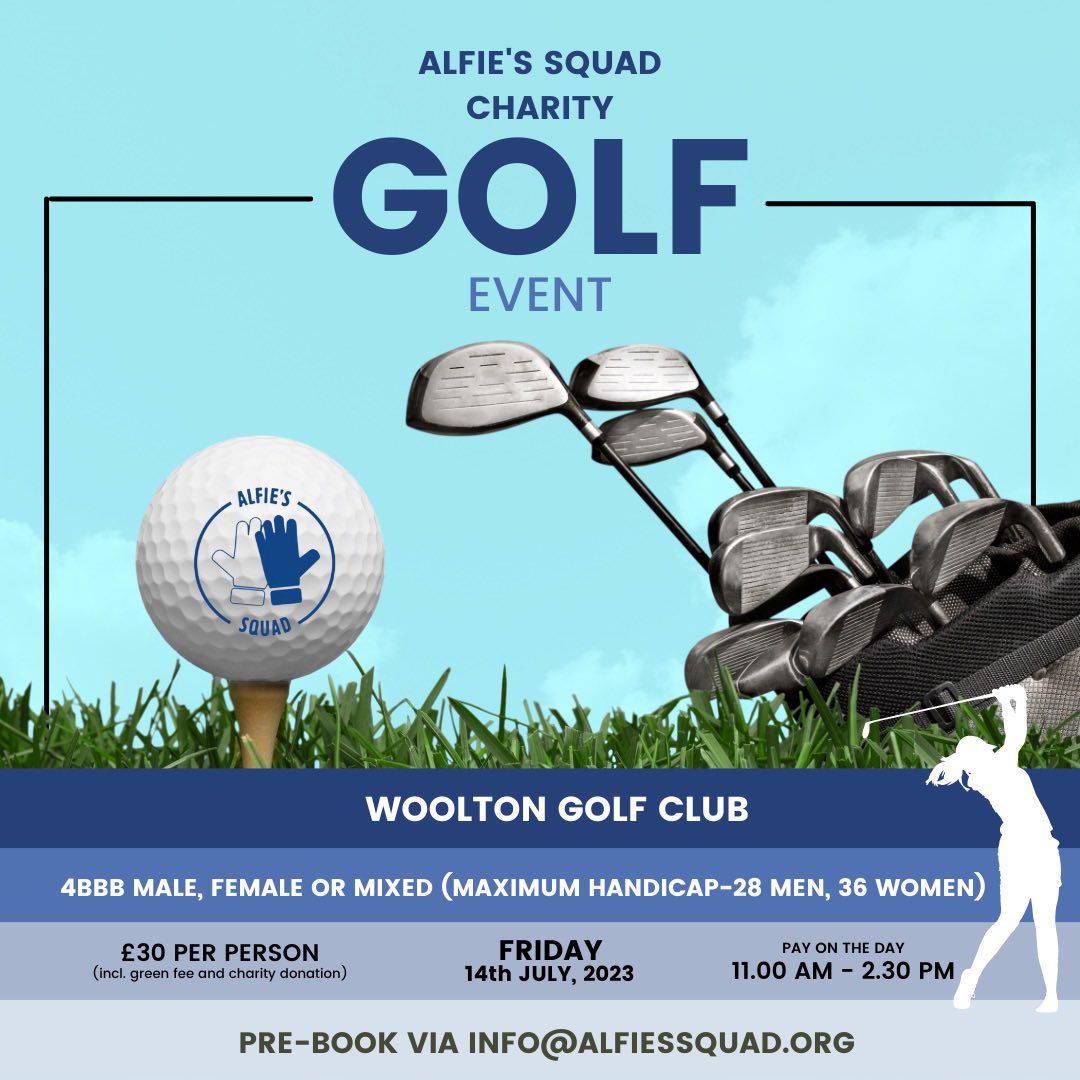 AlfiesSquad's tweet photo. We are looking for golfers to take part in our charity golf day at @WooltonGolfClub 
Please share with any golfers you know! https://t.co/siTTMekAtB