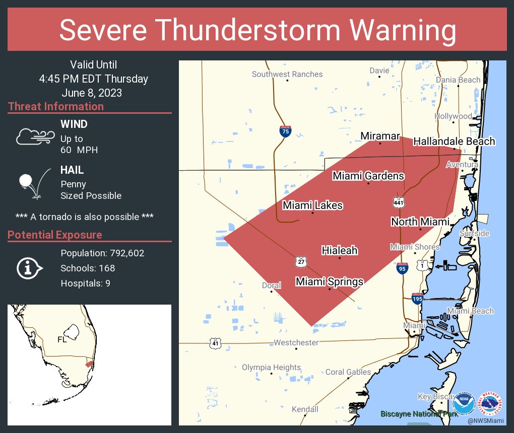 NWSMiami's tweet photo. Severe Thunderstorm Warning including Hialeah FL, Miramar FL and  Miami Gardens FL until 4:45 PM EDT https://t.co/2FW10qcd41