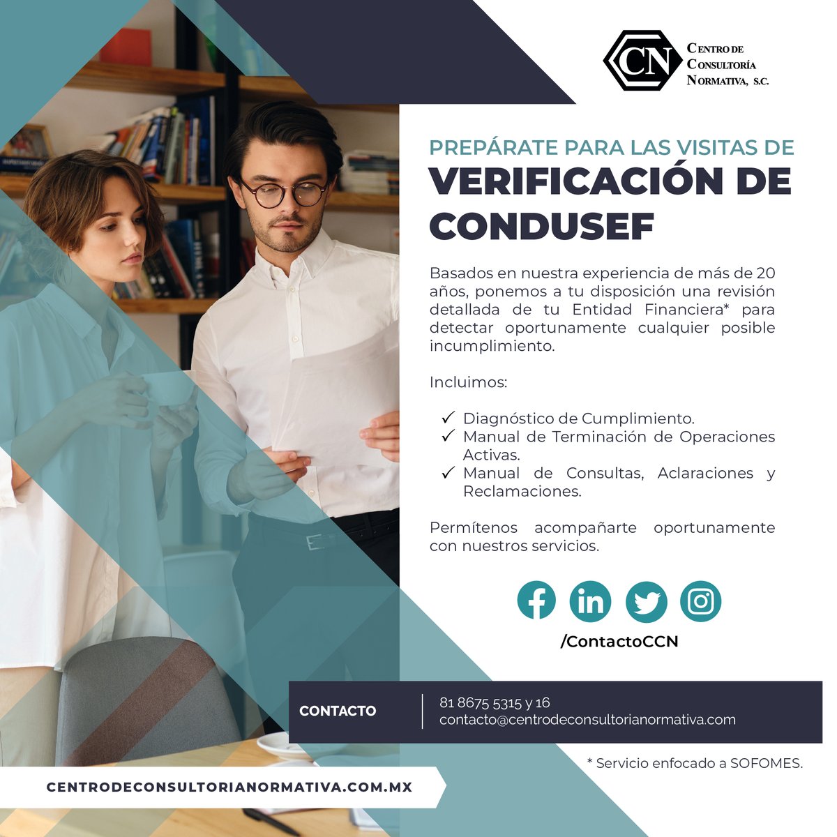 ContactoCCN's tweet photo. ¡Prepárate para las visitas de verificación de la CONDUSEF!

#CentroDeConsultoríaNormativa #CCN #VisitasDeVerificación https://t.co/SMJLfWVRcZ