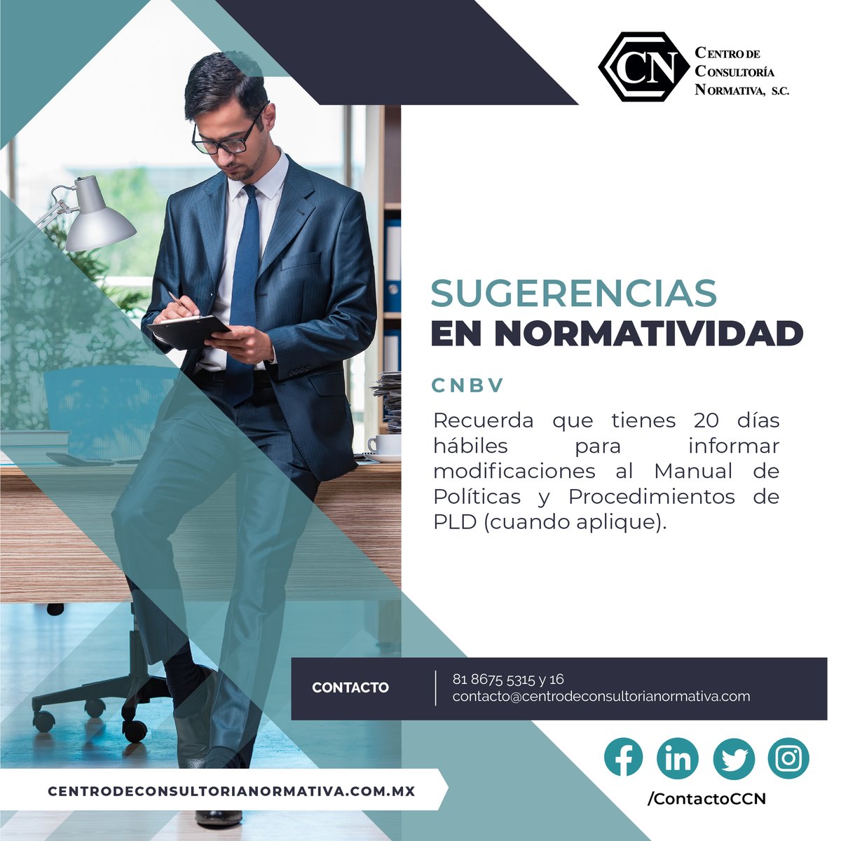 ContactoCCN's tweet photo. ¿Hiciste alguna modificación a tu Manual de Cumplimiento? 

#CentroDeConsultoríaNormativa #CCN #PLD #SITI #ManualDeCumplimiento https://t.co/T6oB0KLvtY