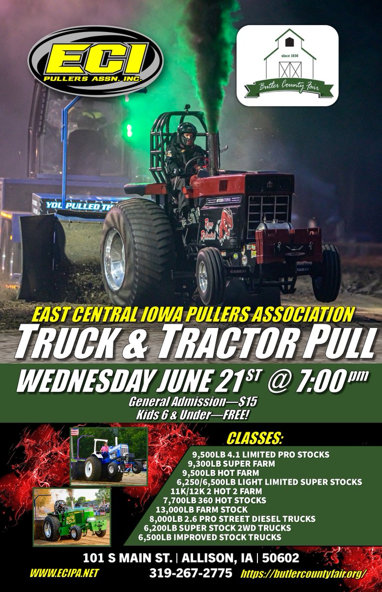 East Central Iowa Pullers Association (@pullecipa) on Twitter photo ECIPA is bringing all the smoke to the <a href="/ButlerCoFair/">Butler County Fair</a> on Wednesday June 21st, 2023!
This 2 track show is sure to be a dandy! Expecting some tractors to make a stop on their way to <a href="/Tomahtractorpul/">Tomah Tractor Pull</a> that coming weekend! ECIPA is bringing all the smoke to the <a href="/ButlerCoFair/">Butler County Fair</a> on Wednesday June 21st, 2023!
This 2 track show is sure to be a dandy! Expecting some tractors to make a stop on their way to <a href="/Tomahtractorpul/">Tomah Tractor Pull</a> that coming weekend!