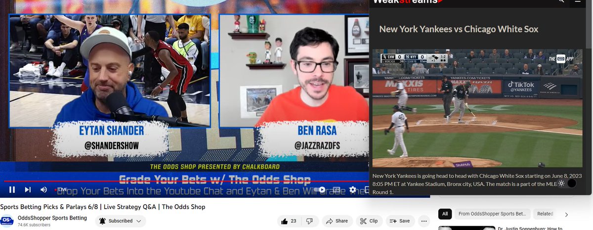 onerichman's tweet photo. @OddsShopper @shandershow &amp; @JazzrazDFS got a Live sweat going now while watching the “Odds Shop” show! YRSI- yes runs second inning for CWS vs NYY! Let’s go! https://t.co/Xp6XleCdCT
