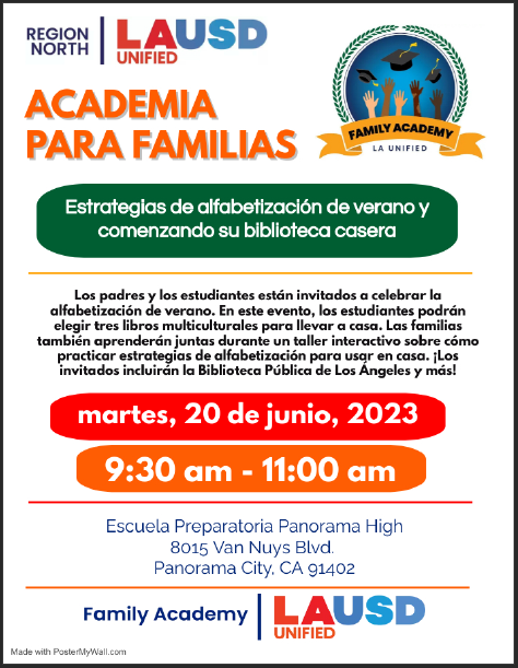 Heads up! There's a new Family Academy event on June 20th from 9:30-11am at Panorama High School! Students will be able to choose three multicultural books to take home! More info below! 

<a href="/LAUSD_Achieve/">Los Angeles Unified Division of Instruction</a> <a href="/LASchoolsNorth/">LAUSD Region North</a> <a href="/LAUSDfamilies/">Office of Student, Family and Community Engagement</a>