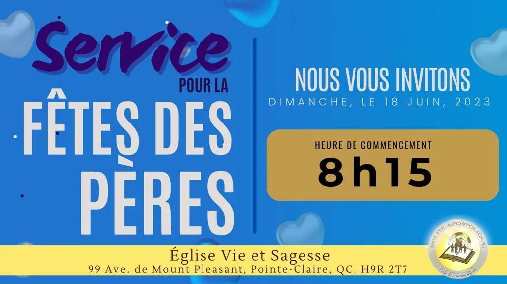 WisdomAndLifeAp's tweet photo. This Father's Day join us in the House of the Lord for either French or English Service as we worship our Heavenly Father together 🙏🏼 https://t.co/X4geuJgj09