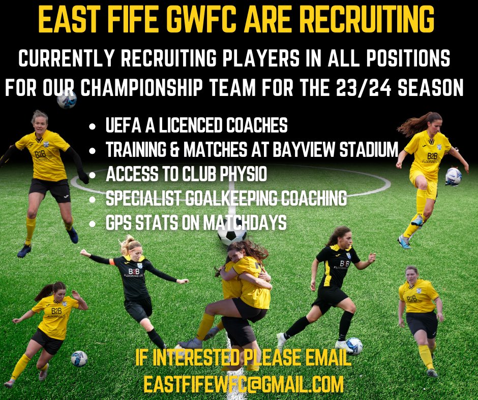 East_Fife_GWFC's tweet photo. We are recruiting players for our Championship squad for the 2023/24 season.

If you want to play at the highest level in Fife, are aged 15+, can commit to a minimum two nights training per week, and wish to train and play in a team aiming to push for titles, please get in touch. https://t.co/yfZgT5nhXR