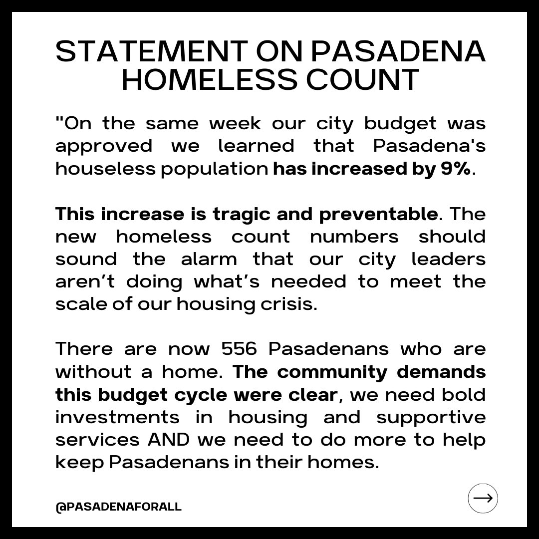PasadenaForAll's tweet photo. Our statement on the recent homeless count report. https://t.co/A3jJnRwHNa