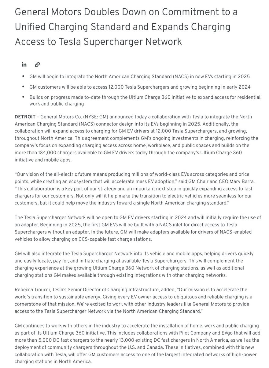 BREAKING: <a href="/Tesla/">Tesla</a> CEO <a href="/elonmusk/">Elon Musk</a> &amp; GM CEO <a href="/mtbarra/">Mary Barra</a> have reached an agreement for GM to adopt Tesla's North American charging standard &amp; provide GM customers access to over 12k Tesla Superchargers across the US &amp; Canada.

Tesla's NACS is now the main standard for Tesla, GM &amp; Ford.