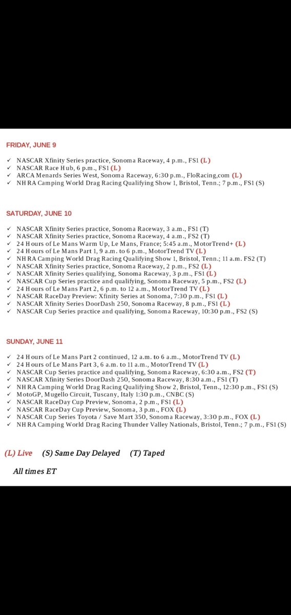 Motorsports on TV and Streaming this weekend...
#NASCAR75 #GeneralTire200 #DoorDash250 #ToyotaSaveMart350 #WEC #LeMans24 #LeMansCentenary #NHRACampingWorld #ThunderValleyNats #MotoGP #ItalianGP 
All times ET US